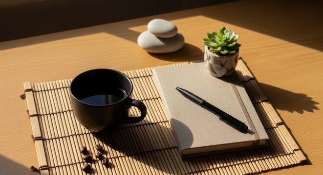 Serene Morning Coffee Break With Journal And Small Plant