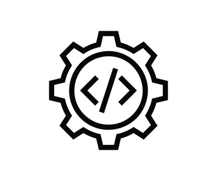 Coding brackets inside gear vector icon software development logo