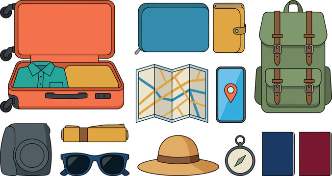Travel essentials vector element collection featuring open suitcase backpack map camera smartphone and vintage compass.