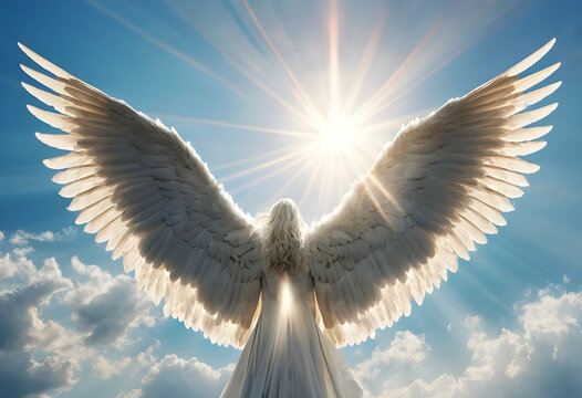 Angel with large white wings spread wide, looking up at bright sun rays in a blue sky with clouds, spiritual and heavenly