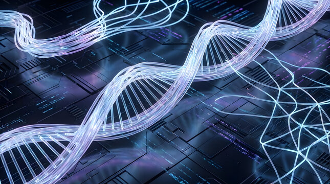 Abstract representation of genetic code and futuristic technology circuits