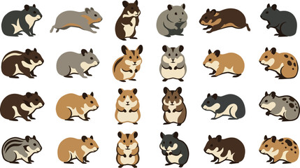 Fototapeta premium Large set of flat vector illustrations depicting various hamster breeds in multiple dynamic poses and actions