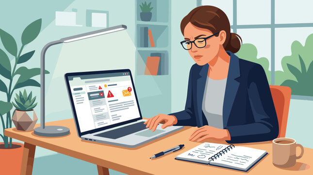 Stressed businesswoman working on laptop with computer errors, looking overwhelmed by technical issues or spam emails in a modern home office setting.
