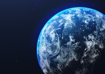 Planet Earth view from space. Glowing blue globe in deep dark outer space. © HA Sento