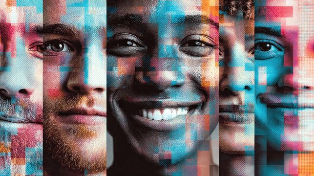 Diverse faces merged with abstract colorful digital squares, representing unity and connection