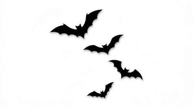 A group of black flying bats isolated on a white background for a spooky halloween design element