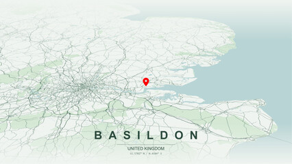 Modern minimalist vector map of Basildon, Essex, England. High-quality scalable illustration of Basildon geographic boundaries along Thames Estuary hinterland for posters design. © AliRza