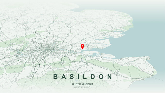 Modern minimalist vector map of Basildon, Essex, England. High-quality scalable illustration of Basildon geographic boundaries along Thames Estuary hinterland for posters design.