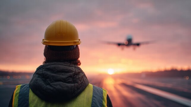 Airport worker watches a plane take off at sunset
