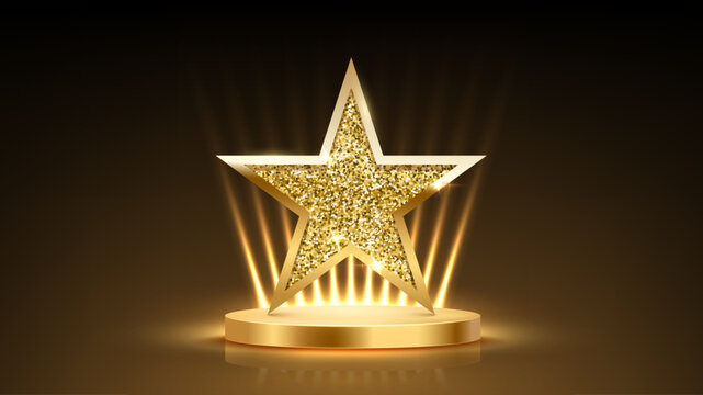 Golden award podium with glitter star and glowing spotlight on dark stage. Elegant gold 3D platform for winner ceremonies, premium product displays. Luxury vector illustration