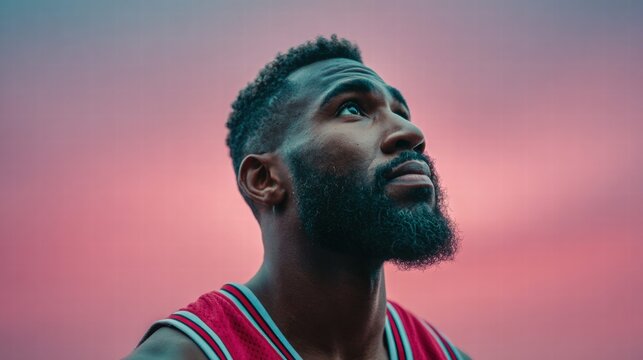 Basketball Player Gazing Upward Against Pink Sky