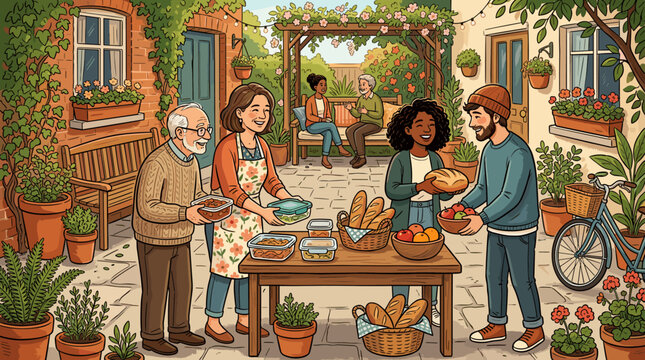Diverse group of friends and family sharing a community garden potluck dinner in a sunny, flower-filled courtyard. A joyful outdoor social gathering illustration.