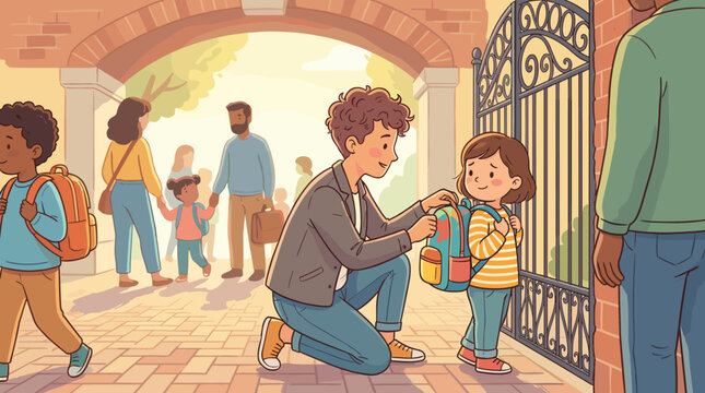A parent helps their child with a backpack at the school gate during drop off. Warm illustration of family morning routine, education, and support.