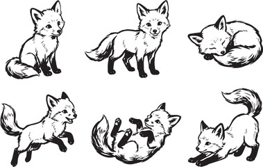 Naklejka premium A set of foxes. Hand drawn vector illustration