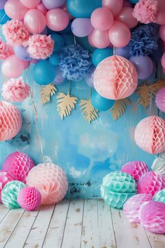 Colorful quincea&ntilde;era party decorations with balloons and pom-poms for 15th birthday celebration. Vertical banner. Copy space. Free space for text
