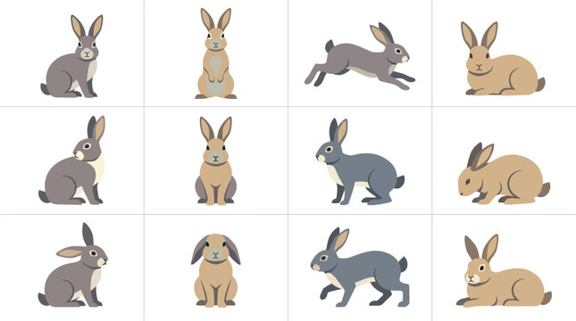 Organized grid of flat vector rabbits in various sitting and running poses for professional graphic design use