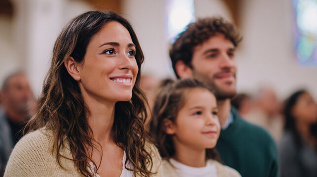 Families Worshipping Together in Modern Church with Warm Golden Bokeh for Faith and Unity