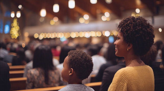 Families Worshipping Together in Modern Church with Warm Golden Bokeh