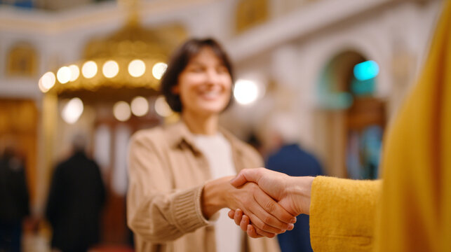 Church Volunteers Warmly Welcoming Congregants at Worship Service Entrance with Golden Bokeh