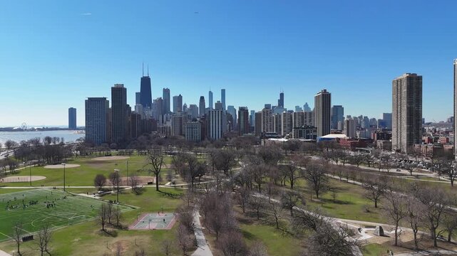 Right to left skyline and park Chicago Aerial Grant Park Downtown in springtime