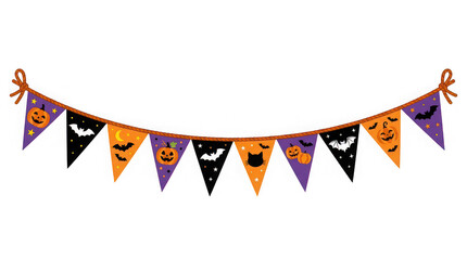 Fototapeta premium Halloween bunting banner with pumpkins bats and black cats decorative festive flags on brown rope.
