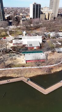 Right to left zoo Chicago Aerial Grant Park Downtown in springtime
