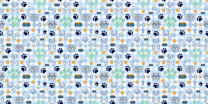 Seamless Dog Pattern Background with Cute Dog Faces, Bones, Paw Prints, and Food Bowls on Blue Gingham Background