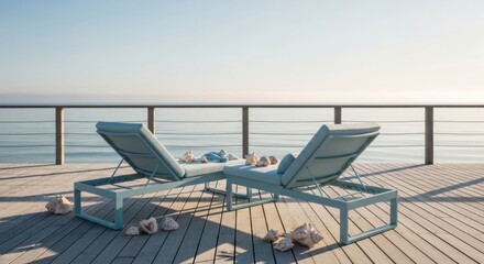 Fototapeta premium Serene Beachside Lounge Chairs Perfect For Summer Relaxation