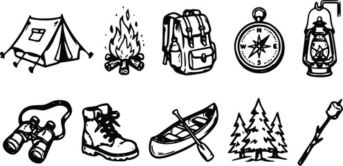 Set of hand drawn camping and hiking equipment icons featuring a tent campfire backpack compass lantern binoculars boots canoe trees and marshmallow © Arun