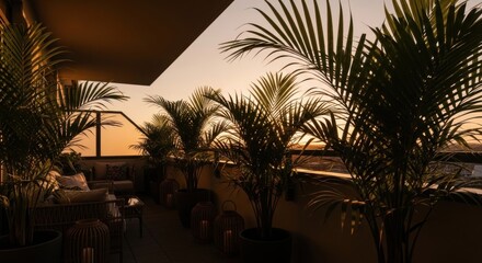 Fototapeta premium Serene Balcony Oasis With Tropical Plants At Golden Hour