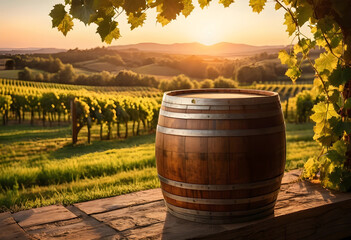 Obraz premium Wooden wine barrel on a rustic table overlooking a sunlit vineyard at golden hour, winemaking and agriculture, this scene winemaking agriculture and the traditional process of wine production