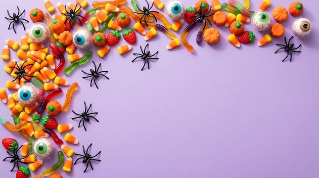 Festive halloween background with candy corn gummy eyeballs and plastic spiders arranged as a corner border frame