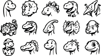 Set of cute cartoon dinosaur heads and baby dinos in hand drawn ink sketch style for kids education or creative design projects and clip art © Arun