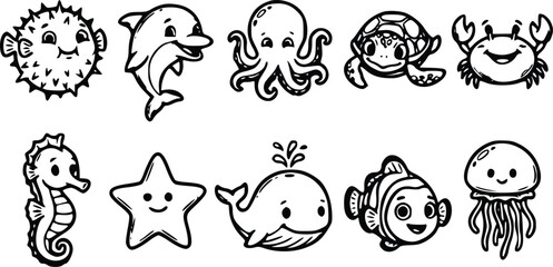 Set of cute sea animals collection featuring a dolphin octopus turtle crab and other friendly ocean creatures in a simple black and white line art style © Arun