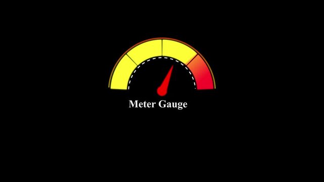 Meter gauge with a red needle on a yellow and orange scale against a black background for measuring performance and speed data points