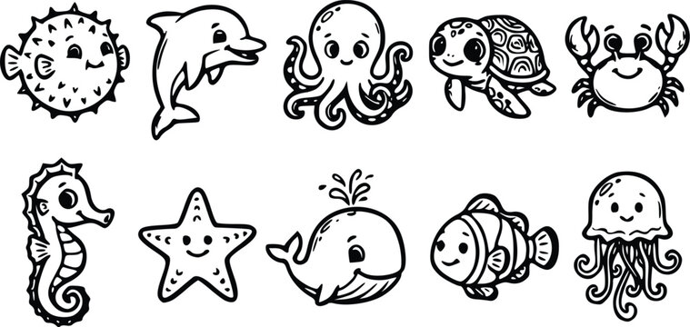 Set of cute sea animal doodles including dolphin octopus turtle crab and fish drawings for kids coloring book pages or fun educational illustrations