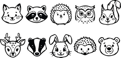 Obraz premium Set of cute forest animal head icons featuring hand drawn sketches of fox raccoon hedgehog owl squirrel deer badger rabbit and bear faces for design