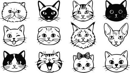Set of cute cat face illustrations showing different breeds and expressions in a hand drawn doodle sketch style for pet lovers and feline designs
