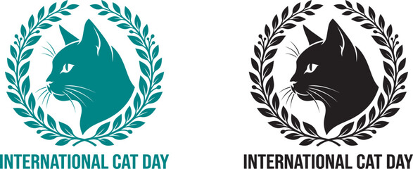 Two variations of an international cat day emblem featuring a feline silhouette framed by a laurel wreath isolated on a white background © Farjana