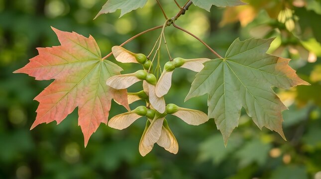Close up of maple tree seeds and green and red leaves on a branch in the summer forest