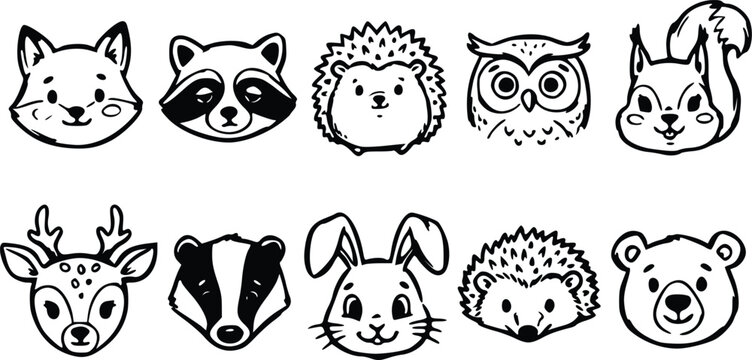 Set of cute forest animal head icons featuring hand drawn sketches of fox raccoon hedgehog owl squirrel deer badger rabbit and bear faces for design