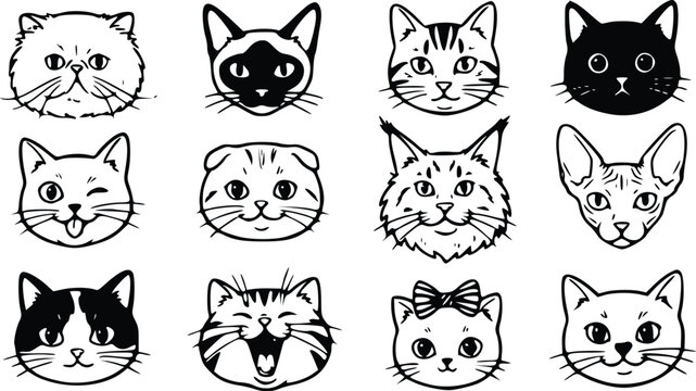 Set of cute cat face illustrations showing different breeds and expressions in a hand drawn doodle sketch style for pet lovers and feline designs