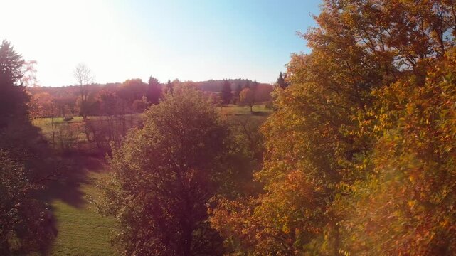 Idyllic rural landscape in autumn. Fast motion drone shot of meadows and colorful trees with sunshine and fall colors.