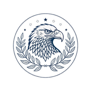 Luxury 2027 eagle head line art logo with sharp feather details, symmetrical wings, decorative laurel branches, premium monoline illustration, balanced circular emblem, clean editable vector layers, n