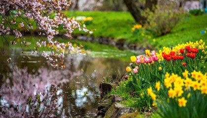 Fototapeta premium Vibrant Spring Garden with Blooming Tulips and Cherry Blossoms Reflected in Water.