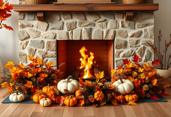 Fototapeta premium Autumn fireplace with burning logs, stone mantel, and fall decorations including pumpkins and colorful leaves