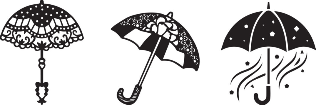 Vintage umbrella vector set, ornate lace parasol icons, decorative black and white rain protection silhouettes for wedding invitations