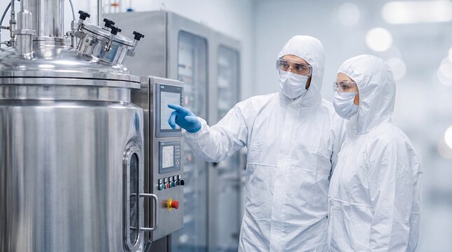Pharmaceutical technician in sterile suit explains bioreactor control panel to female colleague