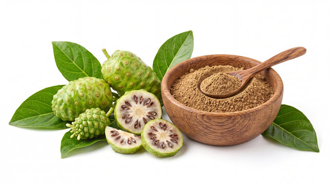 Fresh noni fruit, leaves, and brown powder in a wooden bowl isolated on white background