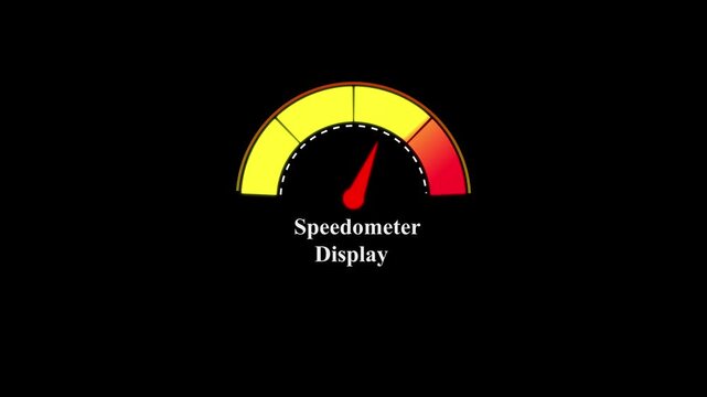 Graphical speedometer display with a red needle pointing to a yellow and orange curved gauge isolated on a solid black background for data tracking